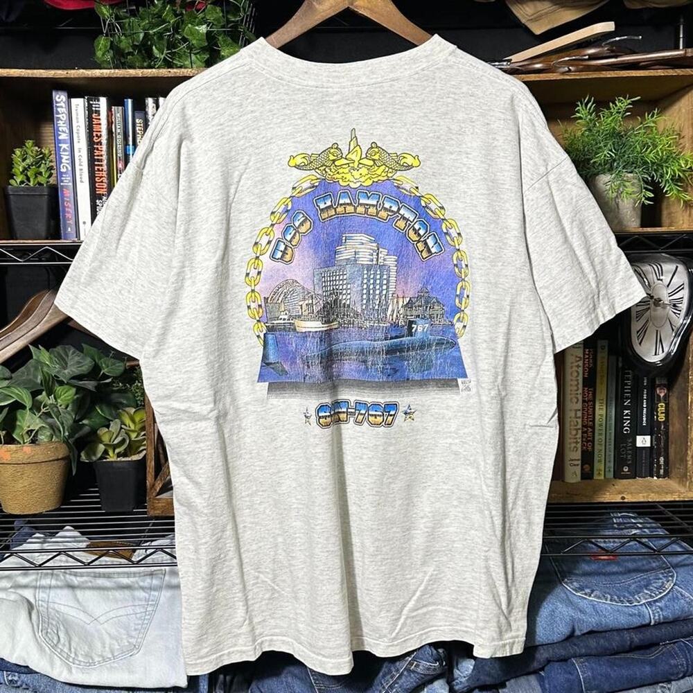 Vintage 90s Single Stitch USS Hampton Navy Graphic Tee Shirt Mens XL Grey